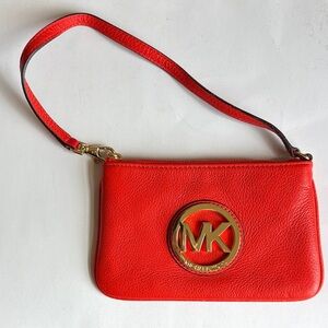 Michael Kors Vibrant Reddish Orange Wristlet with Gold Logo